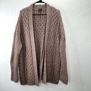 Ann Taylor Cable Knit Cardigan L Merino Wool Tan Cocoa Open Front Ribbed Sleeve